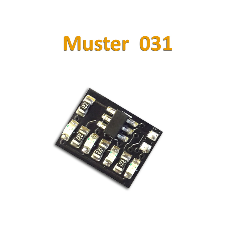 4-Kanal LED Modul PFM orange, M 031, Lauflicht schnell, innen nach aussen 100ms, doppeltes Aufblitzen aller Kanäle 50ms, 300ms Pause