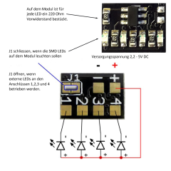 4-Kanal LED Modul PFM rot, M 007, Lauflicht von innen nach außen 100ms, kurzes Aufblitzen aller Kanäle 50ms